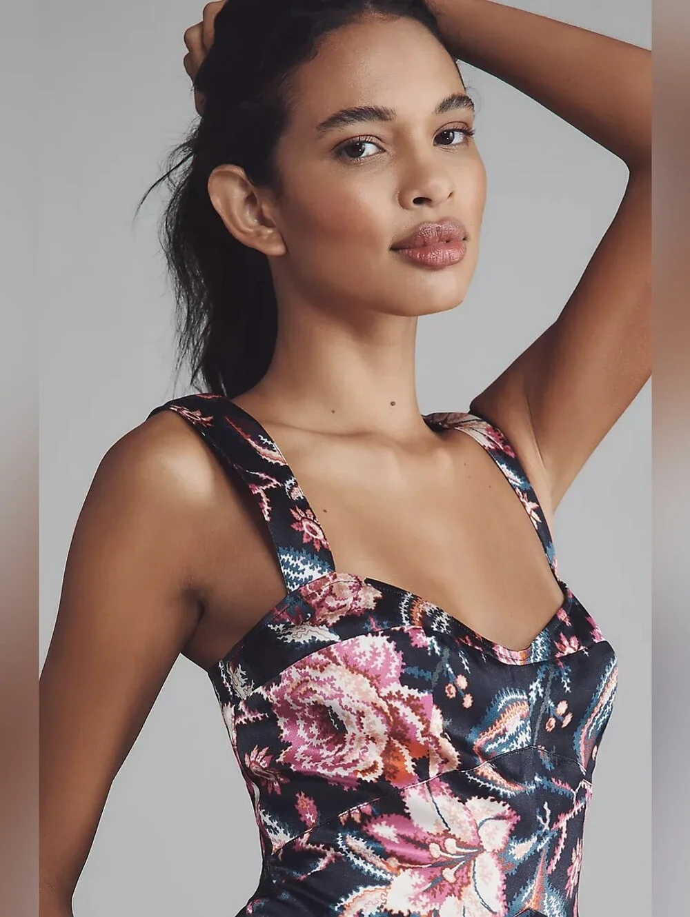 Anthropologie The Jocelyn Black  Pink Floral Sleeveless Slip Midi Dress by Maeve - Picture 3 of 7